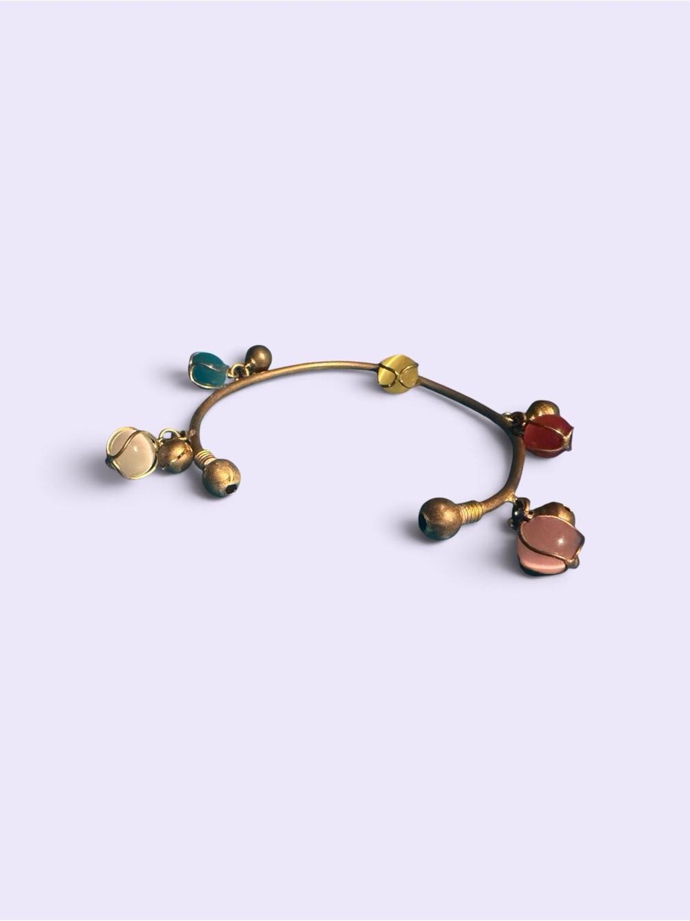 Artisan Brass Open Cuff Bangle Wire Wrapped Cat's Eye & Happy Bells